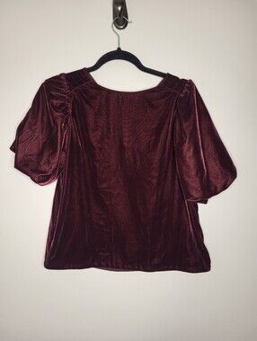 GAP Women’s Burgundy Velvet Blouse Size S Puff Sleeve Back Bow Tie Top